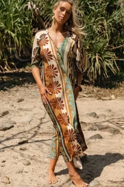 Bree Maxi Dress - Handkerchief Sleeve V Neck Shift Dress in Cacao Mist Print>Jaase Best
