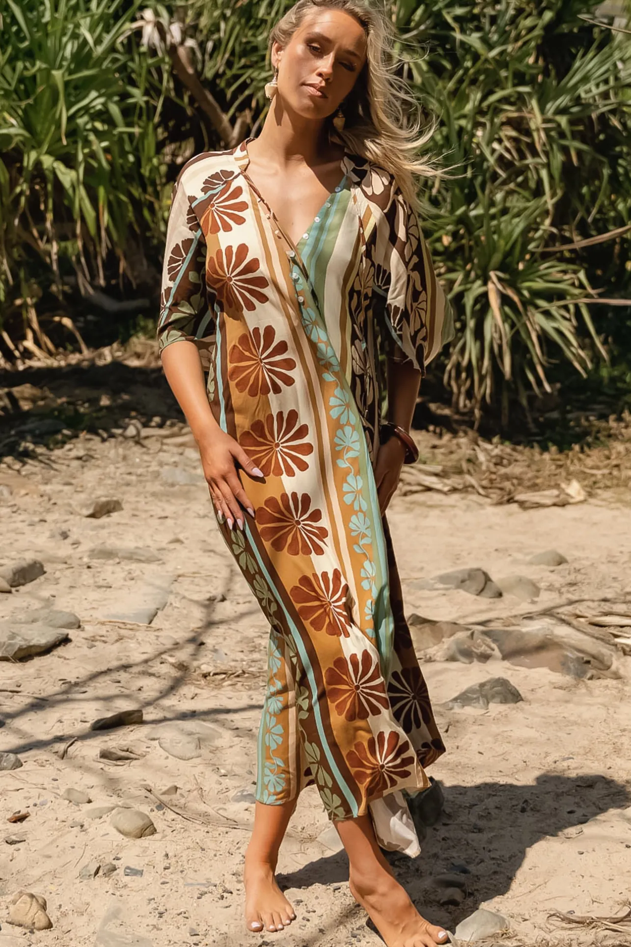 Bree Maxi Dress - Handkerchief Sleeve V Neck Shift Dress in Cacao Mist Print>Jaase Best