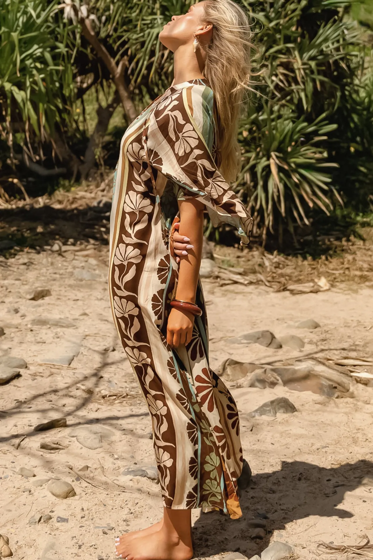 Bree Maxi Dress - Handkerchief Sleeve V Neck Shift Dress in Cacao Mist Print>Jaase Best