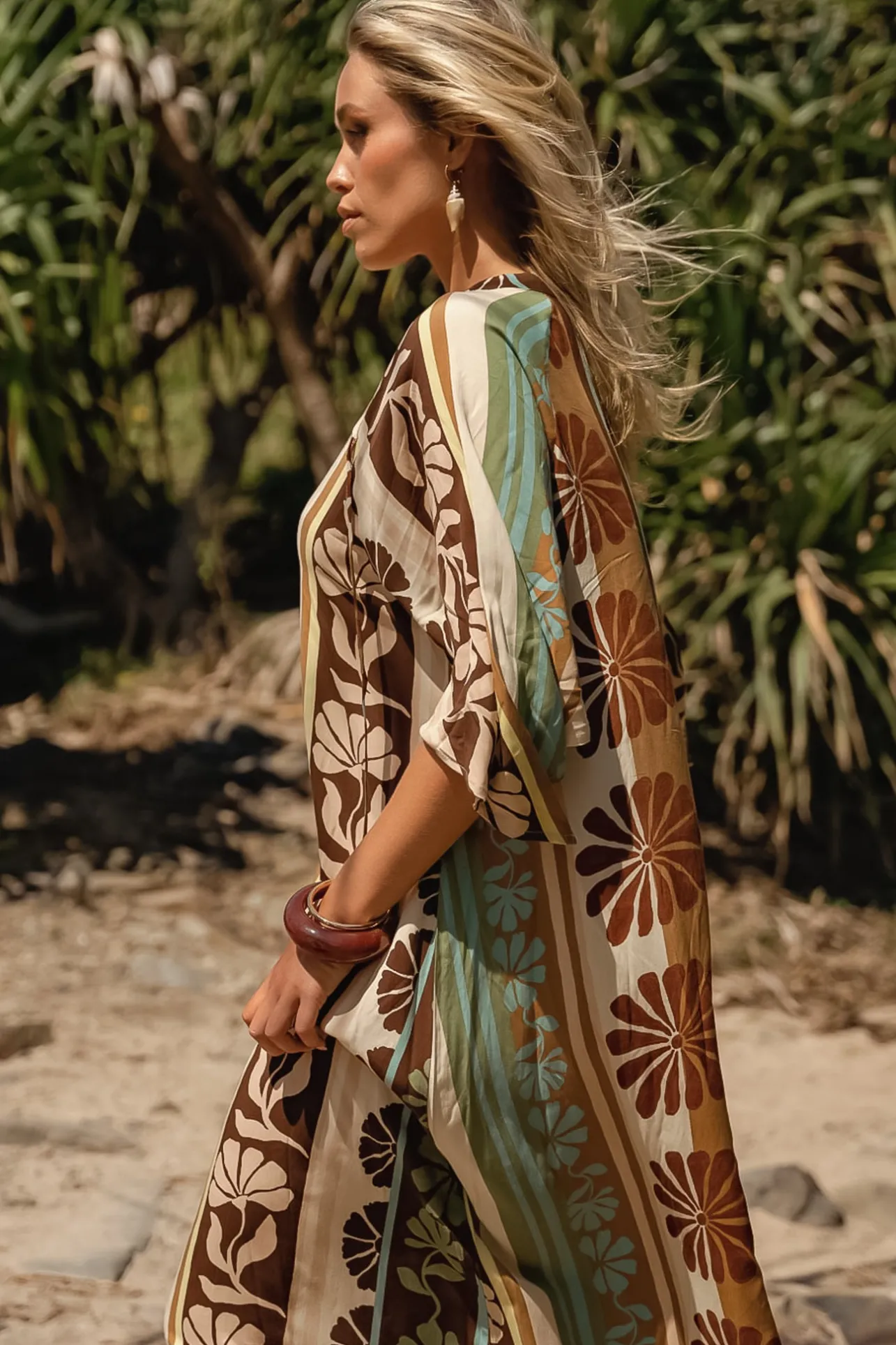 Bree Maxi Dress - Handkerchief Sleeve V Neck Shift Dress in Cacao Mist Print>Jaase Best