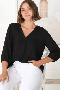 Brenda Top - V Neck 3/4 Sleeve with Button Cuff High-Low Hem Top in Black>Salty Crush Sale