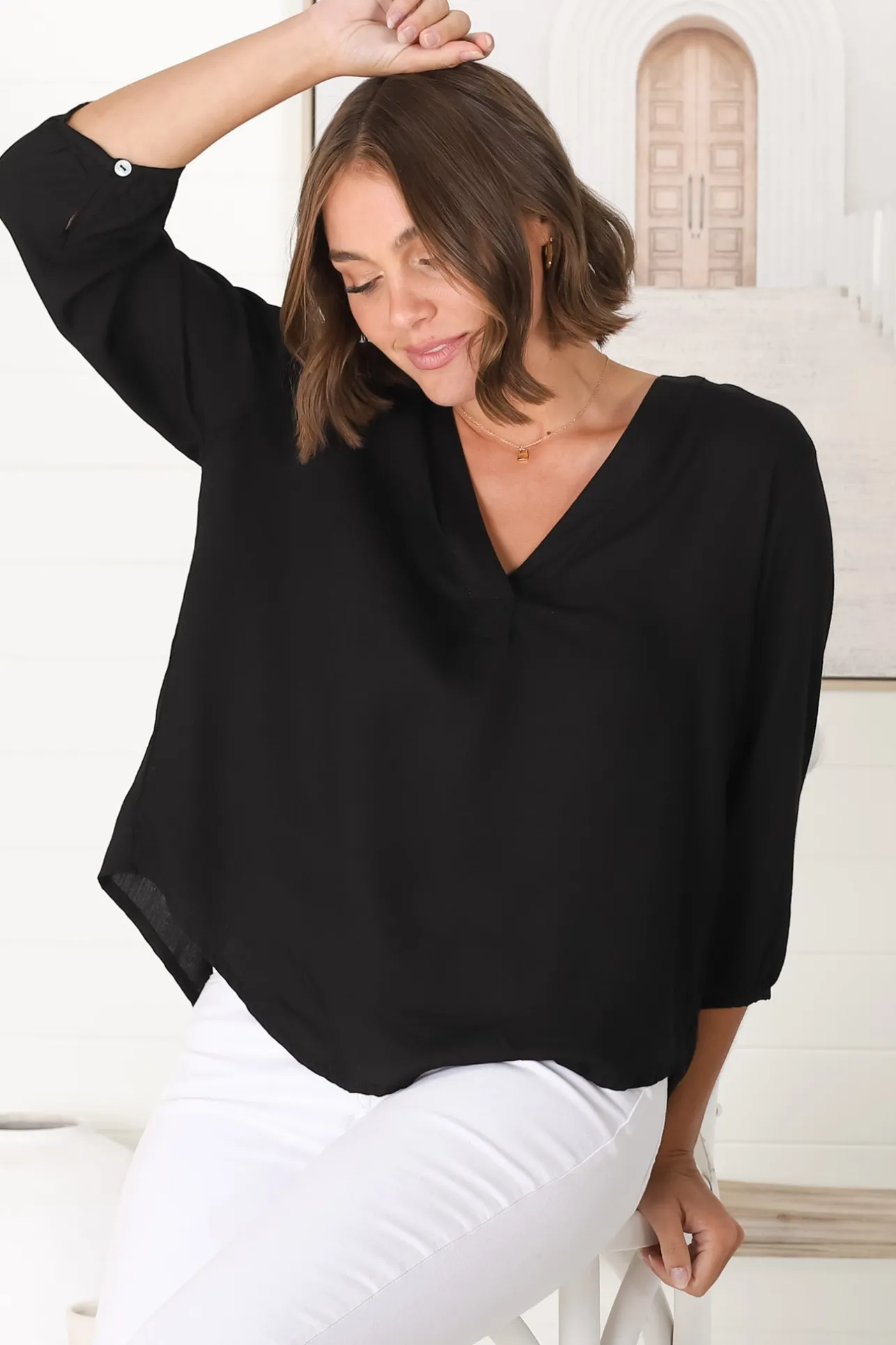 Brenda Top - V Neck 3/4 Sleeve with Button Cuff High-Low Hem Top in Black>Salty Crush Sale