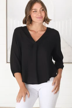 Brenda Top - V Neck 3/4 Sleeve with Button Cuff High-Low Hem Top in Black><noscript><img width=