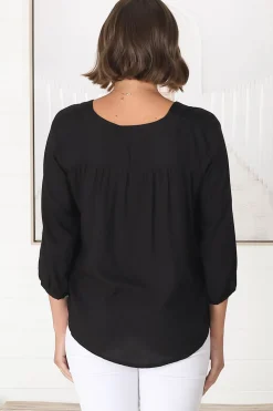 Brenda Top - V Neck 3/4 Sleeve with Button Cuff High-Low Hem Top in Black><noscript><img width=