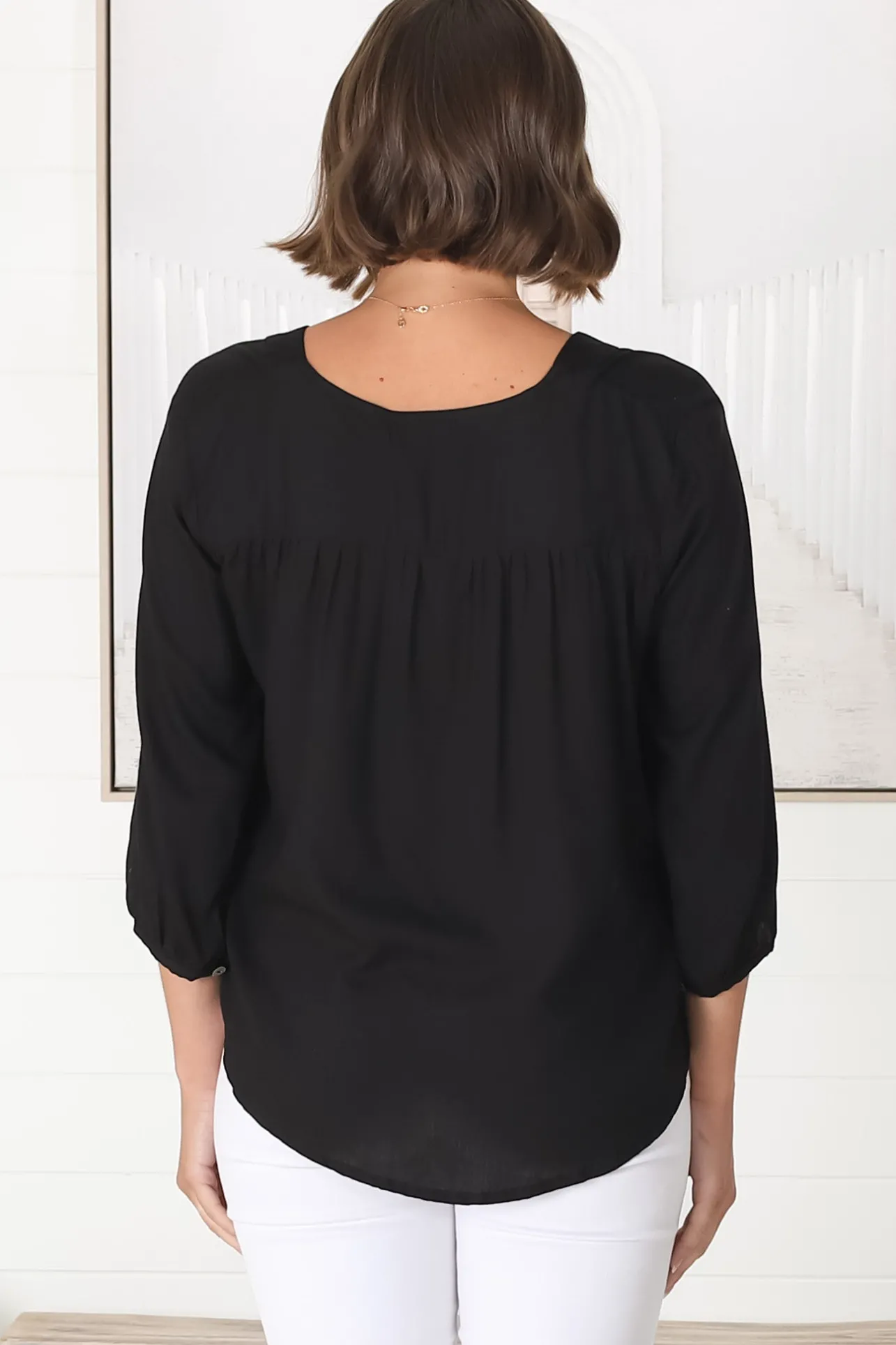 Brenda Top - V Neck 3/4 Sleeve with Button Cuff High-Low Hem Top in Black>Salty Crush Sale