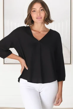 Brenda Top - V Neck 3/4 Sleeve with Button Cuff High-Low Hem Top in Black><noscript><img width=