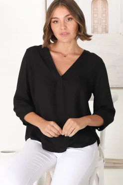 Brenda Top - V Neck 3/4 Sleeve with Button Cuff High-Low Hem Top in Black><noscript><img width=