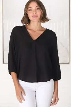 Brenda Top - V Neck 3/4 Sleeve with Button Cuff High-Low Hem Top in Black><noscript><img width=