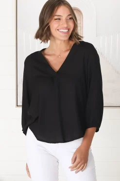 Brenda Top - V Neck 3/4 Sleeve with Button Cuff High-Low Hem Top in Black><noscript><img width=