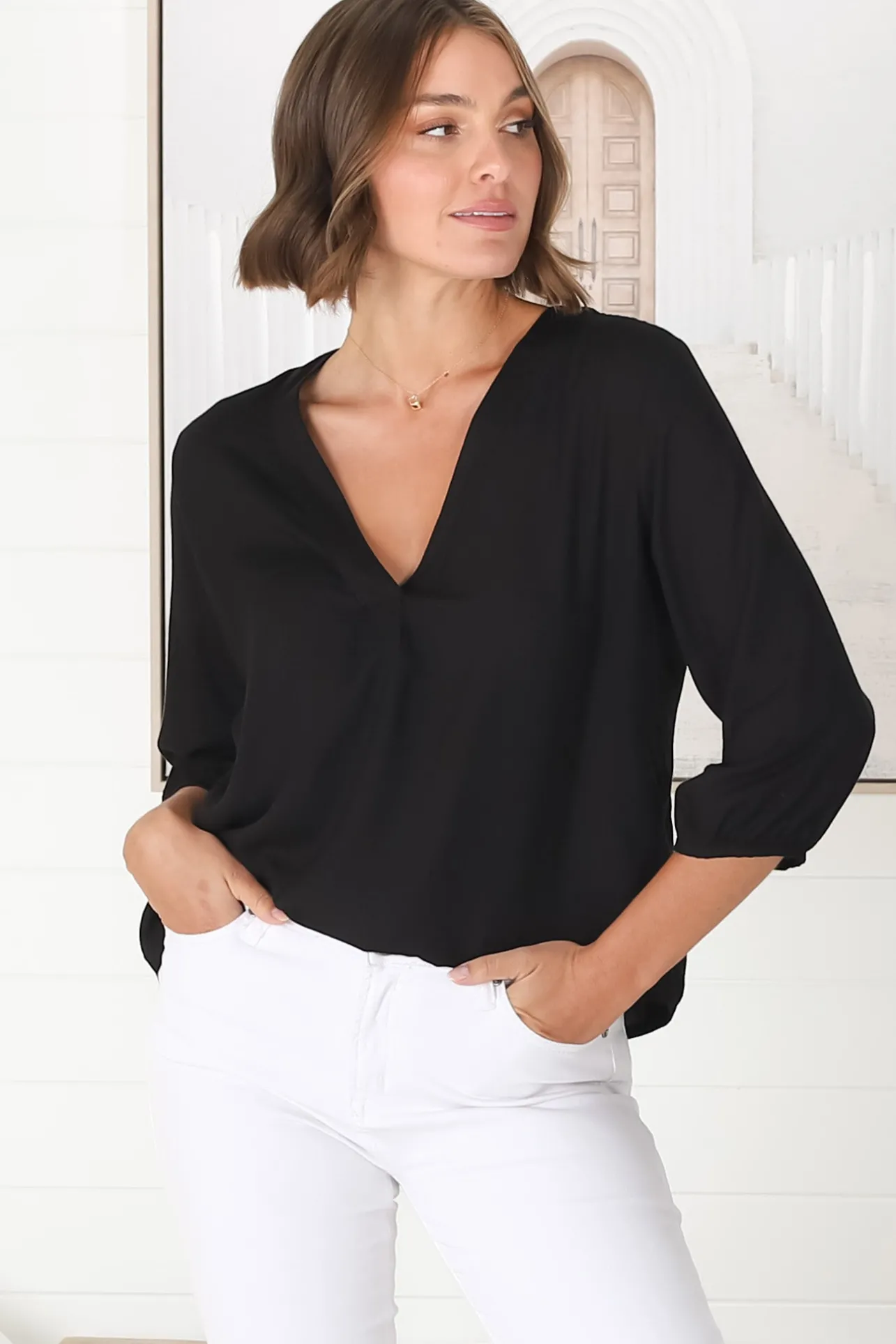 Brenda Top - V Neck 3/4 Sleeve with Button Cuff High-Low Hem Top in Black>Salty Crush Sale