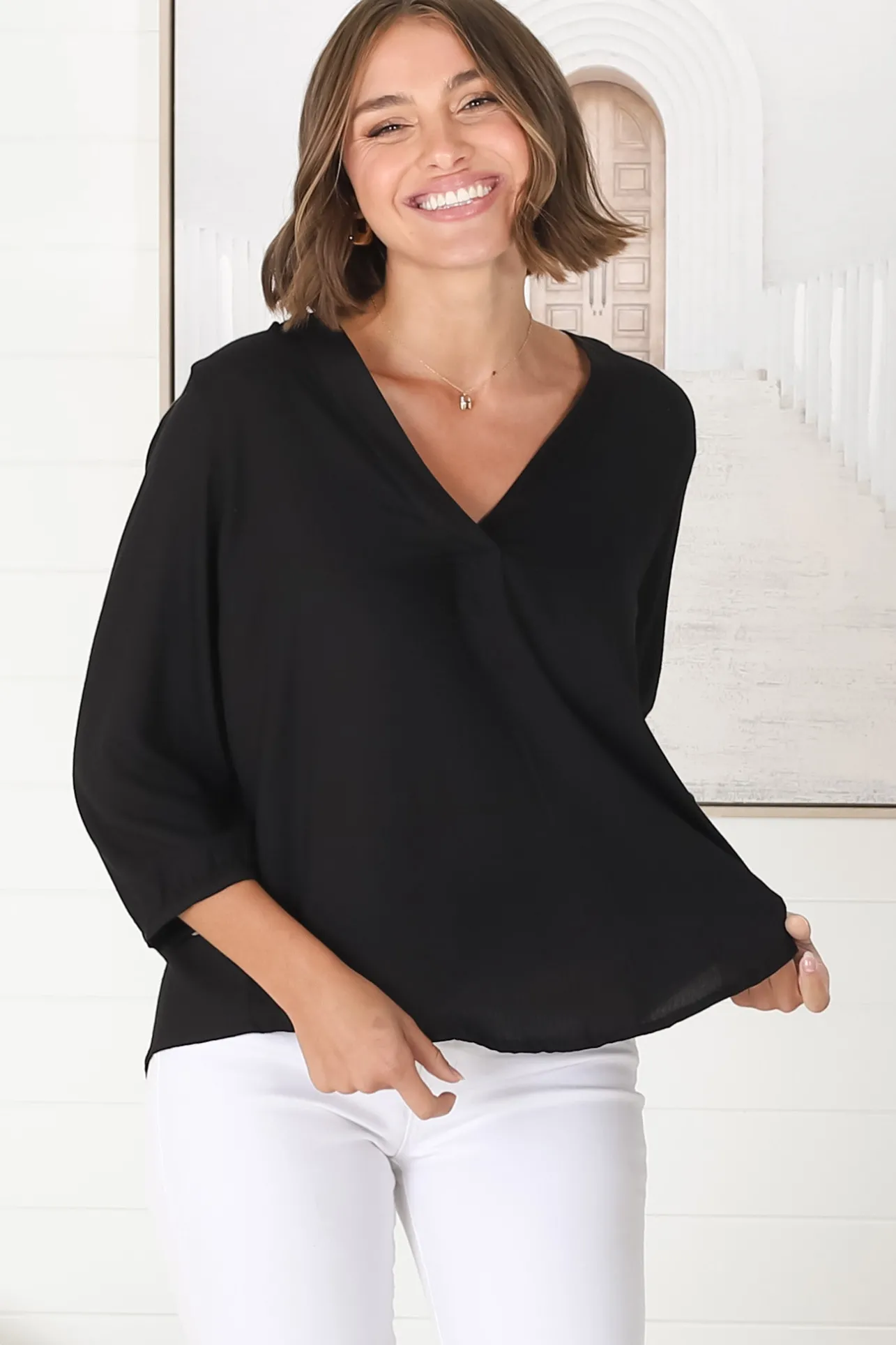 Brenda Top - V Neck 3/4 Sleeve with Button Cuff High-Low Hem Top in Black>Salty Crush Sale