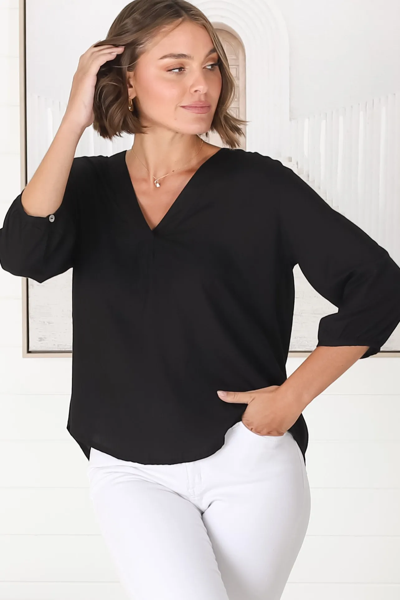 Brenda Top - V Neck 3/4 Sleeve with Button Cuff High-Low Hem Top in Black>Salty Crush Sale