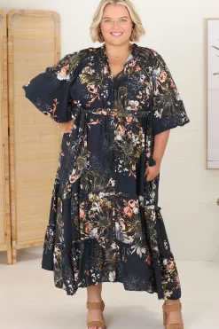 Briana Midi Dress - Frill Collar Oversized Buttoned Dress with Waist Tie and Frill Splicing in Indigo Print>Jaase Best