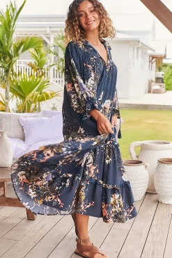 Briana Midi Dress - Frill Collar Oversized Buttoned Dress with Waist Tie and Frill Splicing in Indigo Print><noscript><img width=