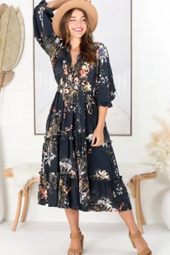 Briana Midi Dress - Frill Collar Oversized Buttoned Dress with Waist Tie and Frill Splicing in Indigo Print><noscript><img width=