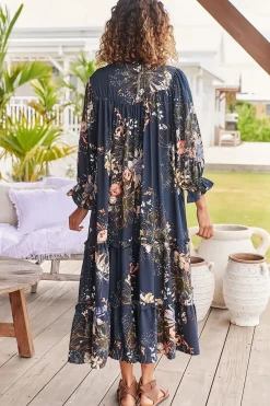Briana Midi Dress - Frill Collar Oversized Buttoned Dress with Waist Tie and Frill Splicing in Indigo Print><noscript><img width=