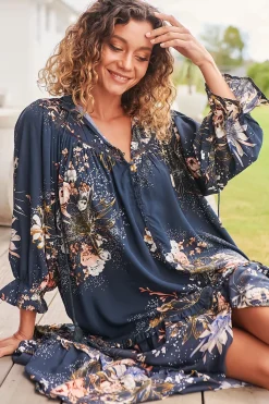 Briana Midi Dress - Frill Collar Oversized Buttoned Dress with Waist Tie and Frill Splicing in Indigo Print><noscript><img width=