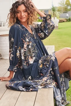 Briana Midi Dress - Frill Collar Oversized Buttoned Dress with Waist Tie and Frill Splicing in Indigo Print><noscript><img width=