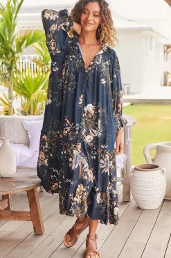 Briana Midi Dress - Frill Collar Oversized Buttoned Dress with Waist Tie and Frill Splicing in Indigo Print><noscript><img width=