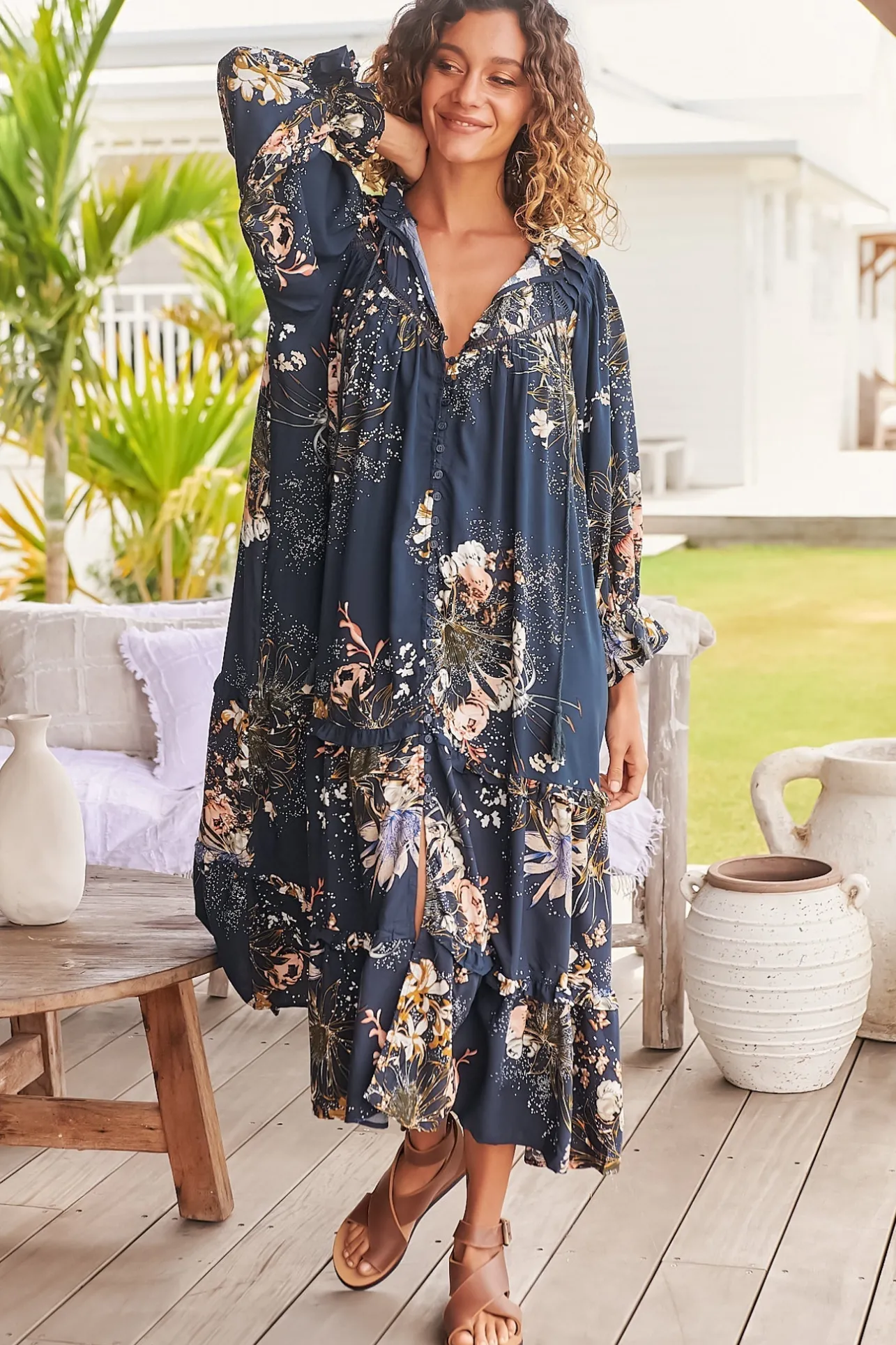 Briana Midi Dress - Frill Collar Oversized Buttoned Dress with Waist Tie and Frill Splicing in Indigo Print>Jaase Best