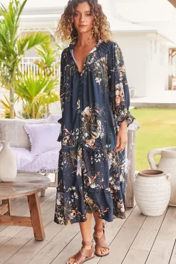 Briana Midi Dress - Frill Collar Oversized Buttoned Dress with Waist Tie and Frill Splicing in Indigo Print><noscript><img width=