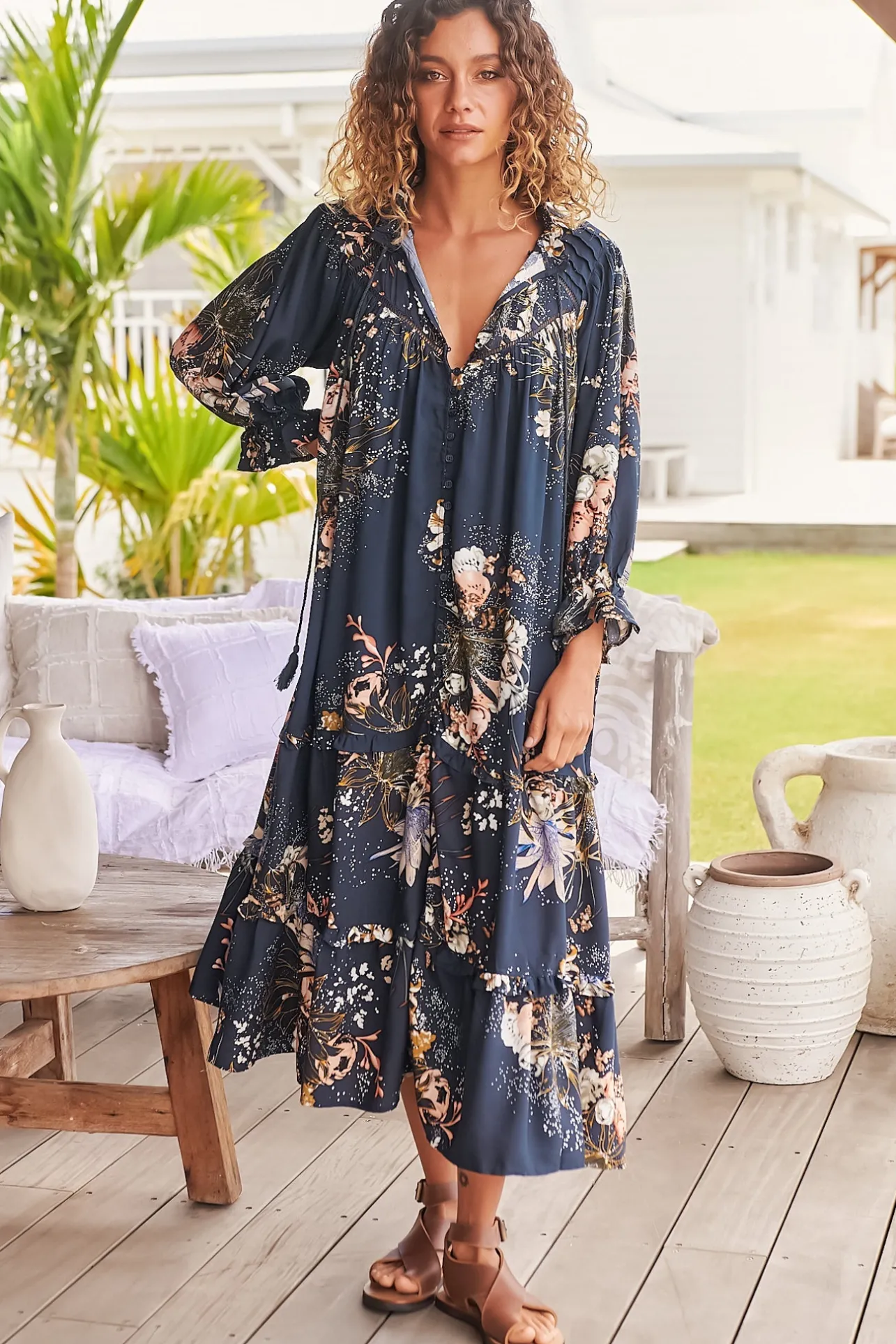 Briana Midi Dress - Frill Collar Oversized Buttoned Dress with Waist Tie and Frill Splicing in Indigo Print>Jaase Best