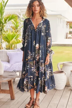 Briana Midi Dress - Frill Collar Oversized Buttoned Dress with Waist Tie and Frill Splicing in Indigo Print><noscript><img width=