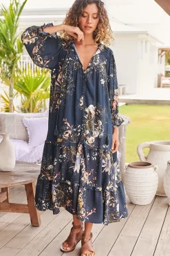 Briana Midi Dress - Frill Collar Oversized Buttoned Dress with Waist Tie and Frill Splicing in Indigo Print><noscript><img width=