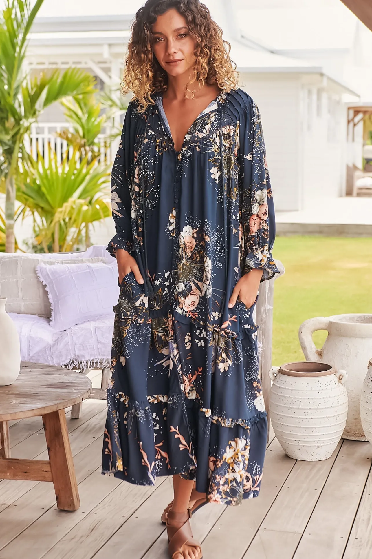 Briana Midi Dress - Frill Collar Oversized Buttoned Dress with Waist Tie and Frill Splicing in Indigo Print>Jaase Best
