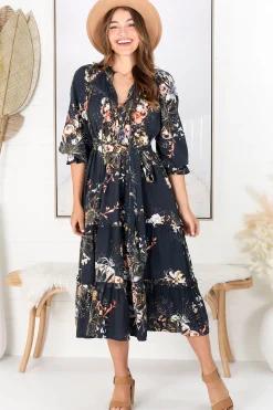Briana Midi Dress - Frill Collar Oversized Buttoned Dress with Waist Tie and Frill Splicing in Indigo Print><noscript><img width=