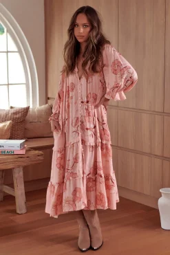 Briana Midi Dress - Frill Collar Oversized Buttoned Dress with Waist Tie and Frill Splicing in Beliss Print><noscript><img width=