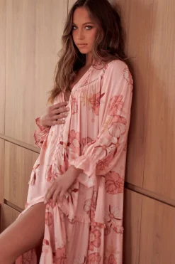 Briana Midi Dress - Frill Collar Oversized Buttoned Dress with Waist Tie and Frill Splicing in Beliss Print><noscript><img width=