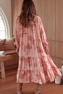 Briana Midi Dress - Frill Collar Oversized Buttoned Dress with Waist Tie and Frill Splicing in Beliss Print><noscript><img width=