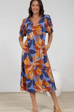 Brie Midi Dress - V-Neck Empire Line Dress with Pockets in Bittersweet Print>Salty Crush New