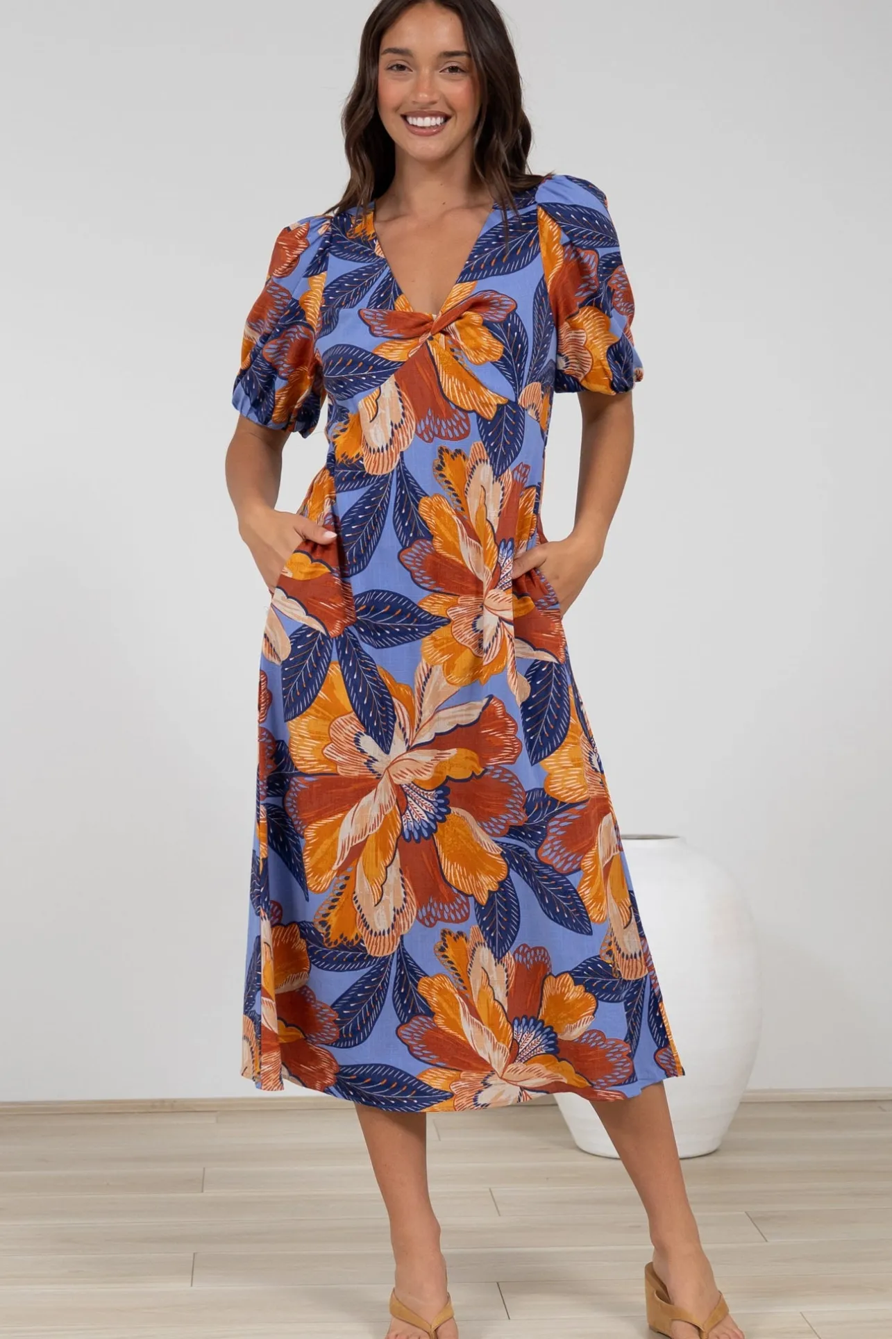 Brie Midi Dress - V-Neck Empire Line Dress with Pockets in Bittersweet Print>Salty Crush New
