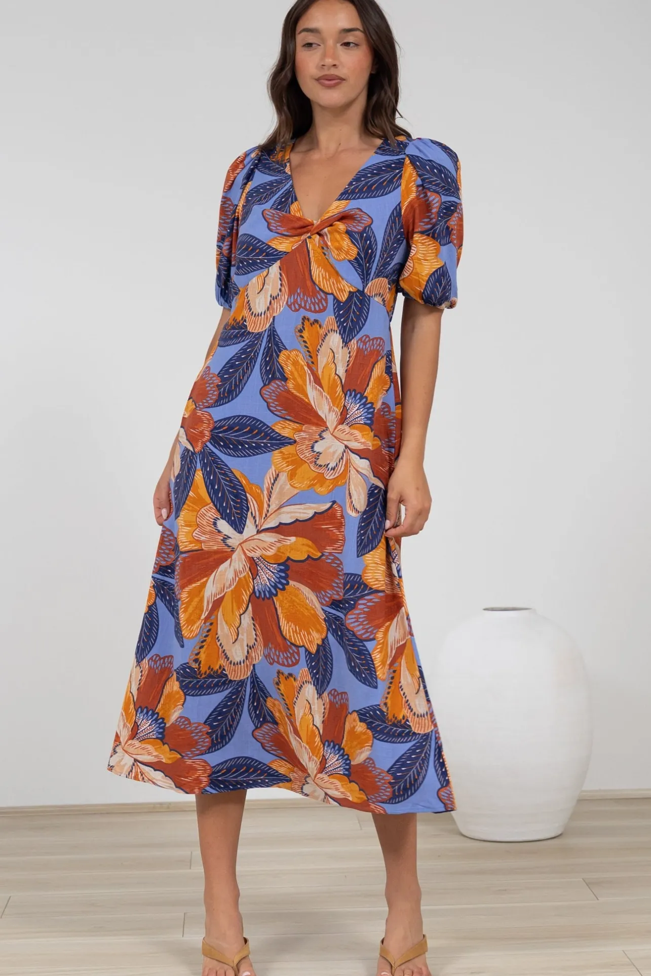 Brie Midi Dress - V-Neck Empire Line Dress with Pockets in Bittersweet Print>Salty Crush New