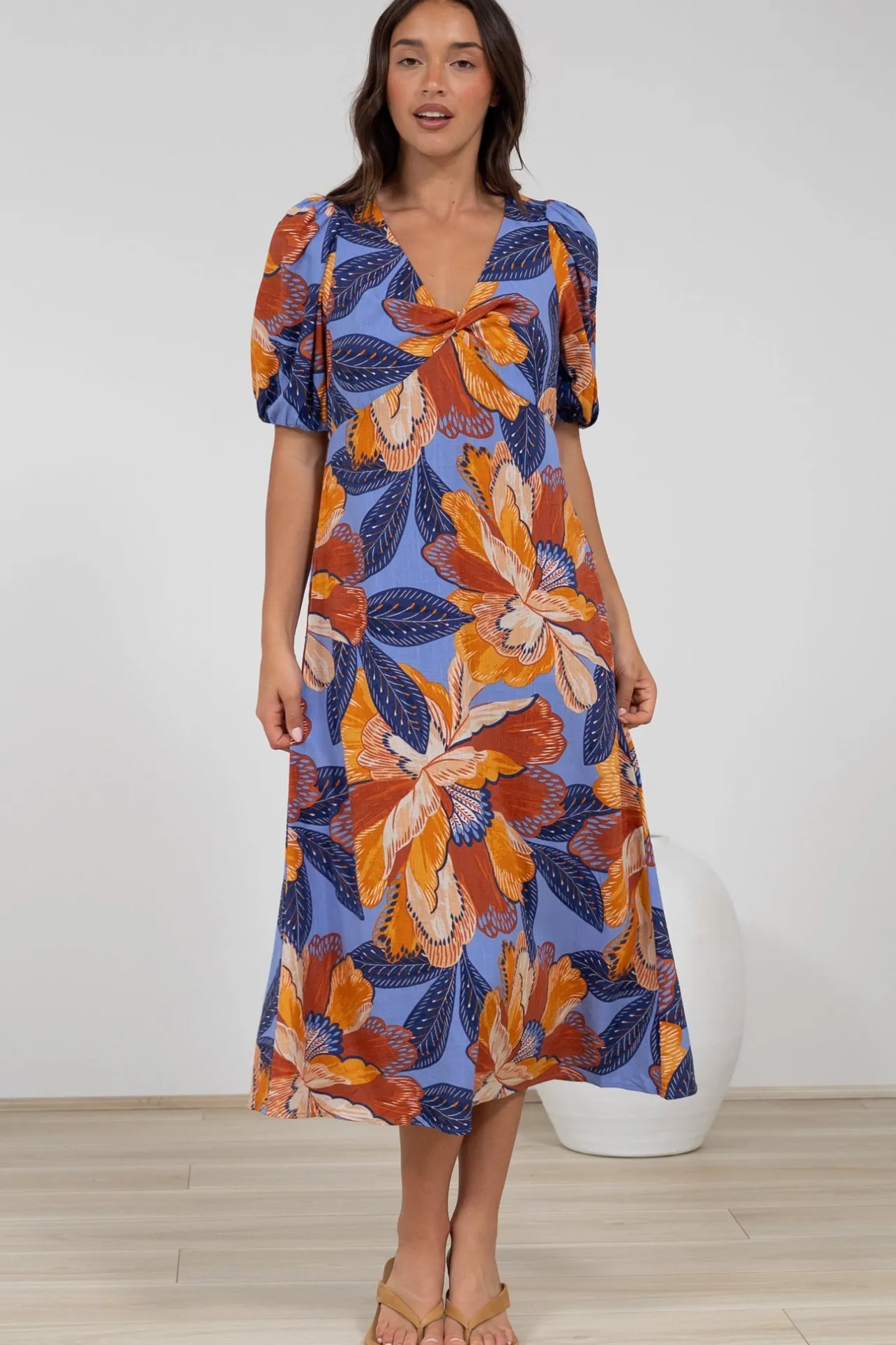 Brie Midi Dress - V-Neck Empire Line Dress with Pockets in Bittersweet Print>Salty Crush New