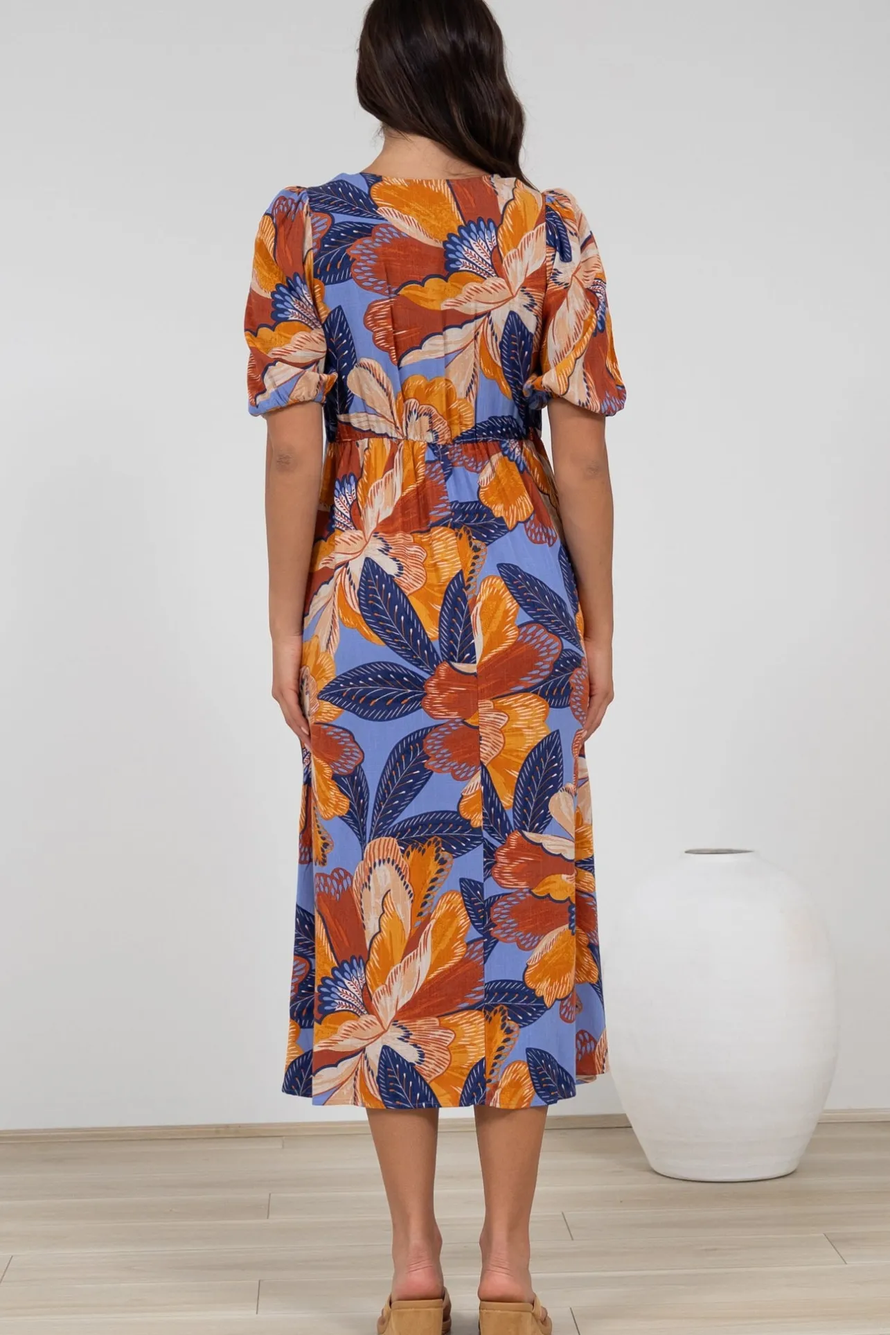 Brie Midi Dress - V-Neck Empire Line Dress with Pockets in Bittersweet Print>Salty Crush New