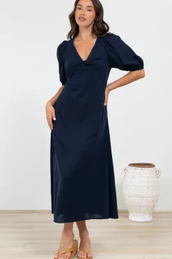 Brie Midi Dress - V-Neck Empire Line Dress with Pockets in Navy>Salty Crush Outlet