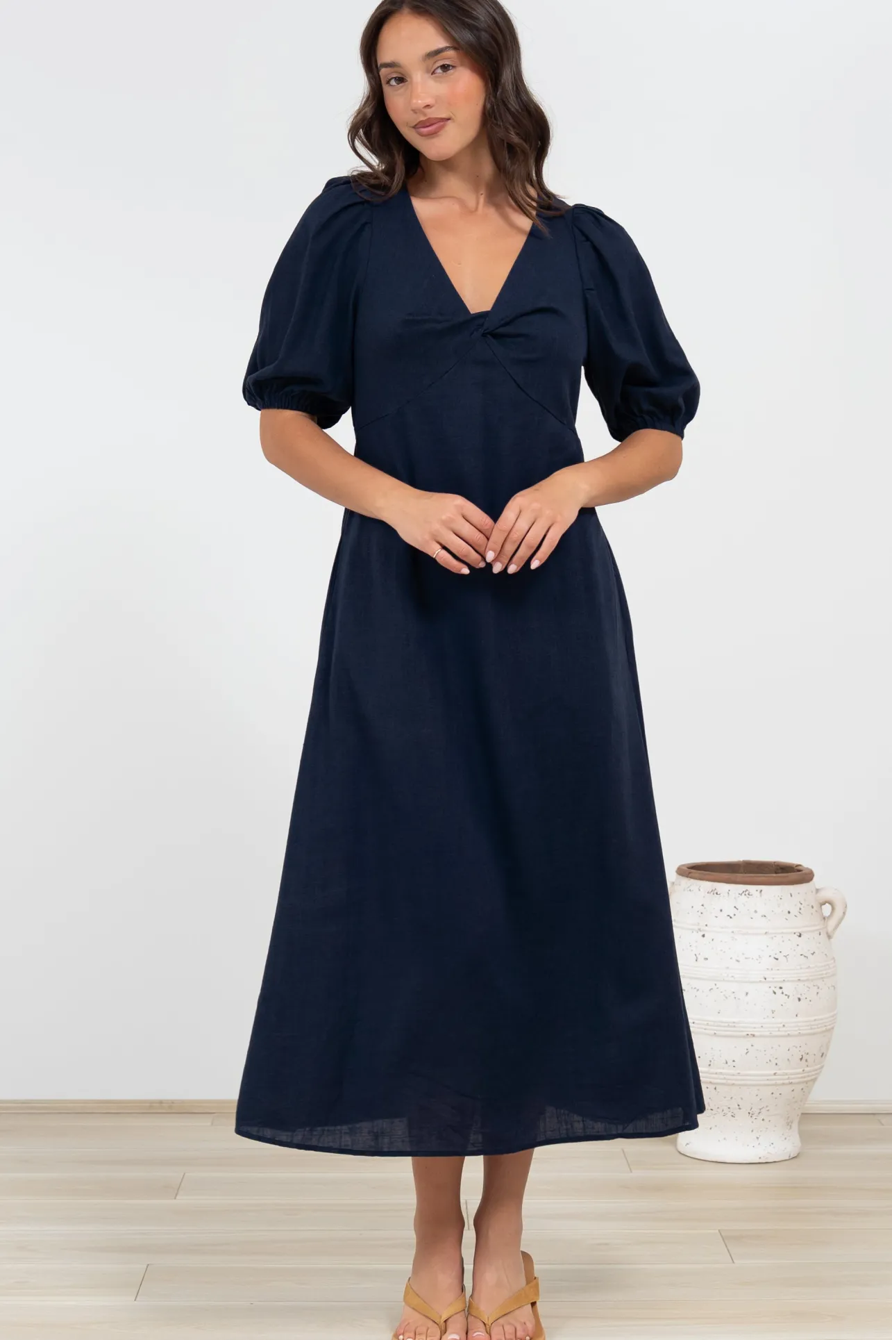 Brie Midi Dress - V-Neck Empire Line Dress with Pockets in Navy>Salty Crush Outlet