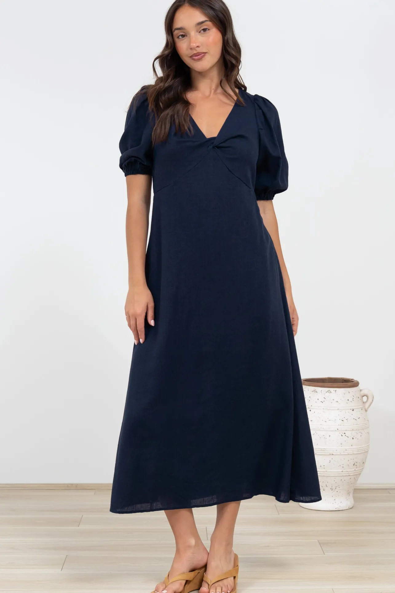 Brie Midi Dress - V-Neck Empire Line Dress with Pockets in Navy>Salty Crush Outlet