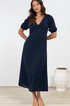 Brie Midi Dress - V-Neck Empire Line Dress with Pockets in Navy><noscript><img width=