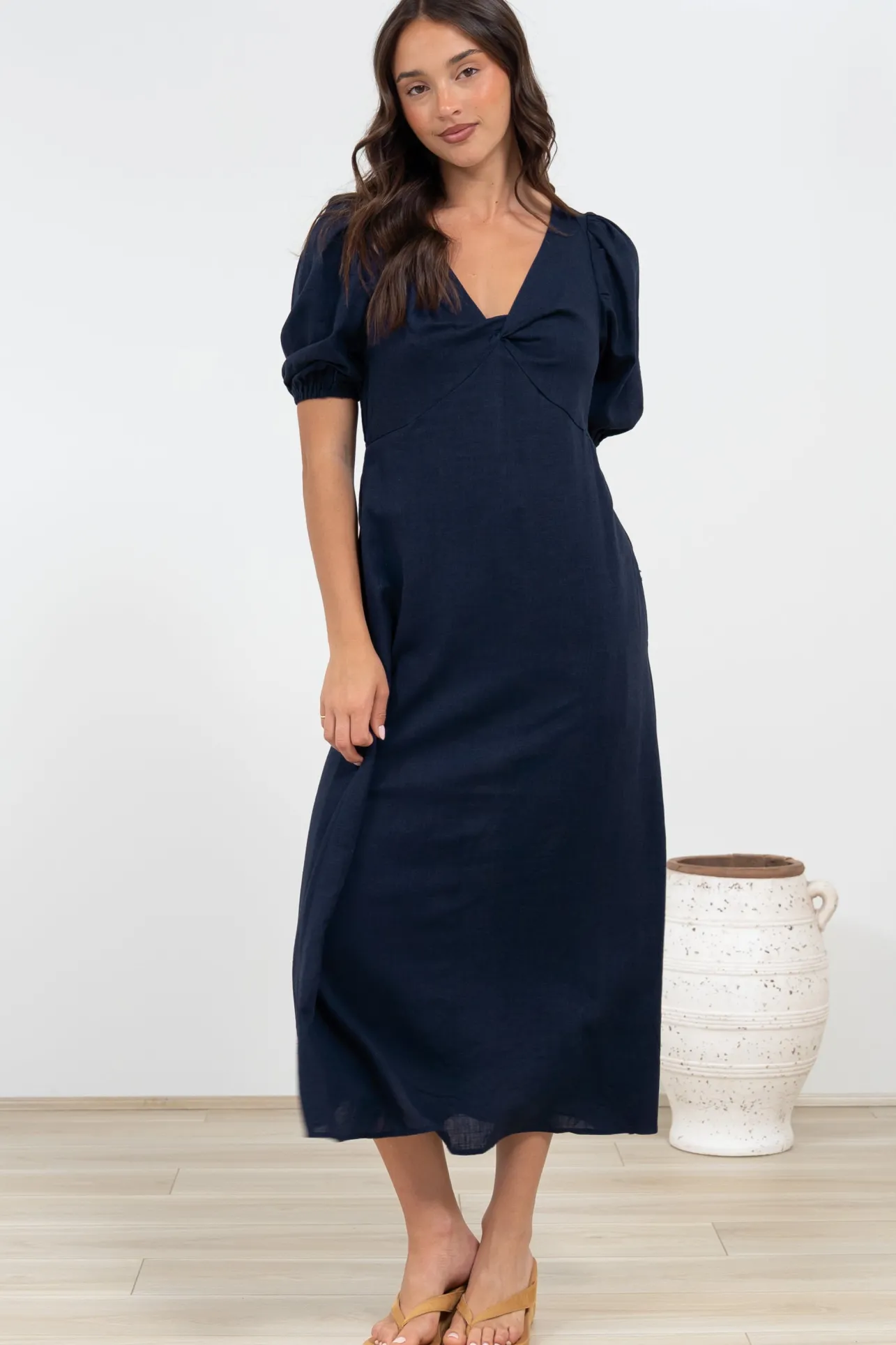 Brie Midi Dress - V-Neck Empire Line Dress with Pockets in Navy>Salty Crush Outlet