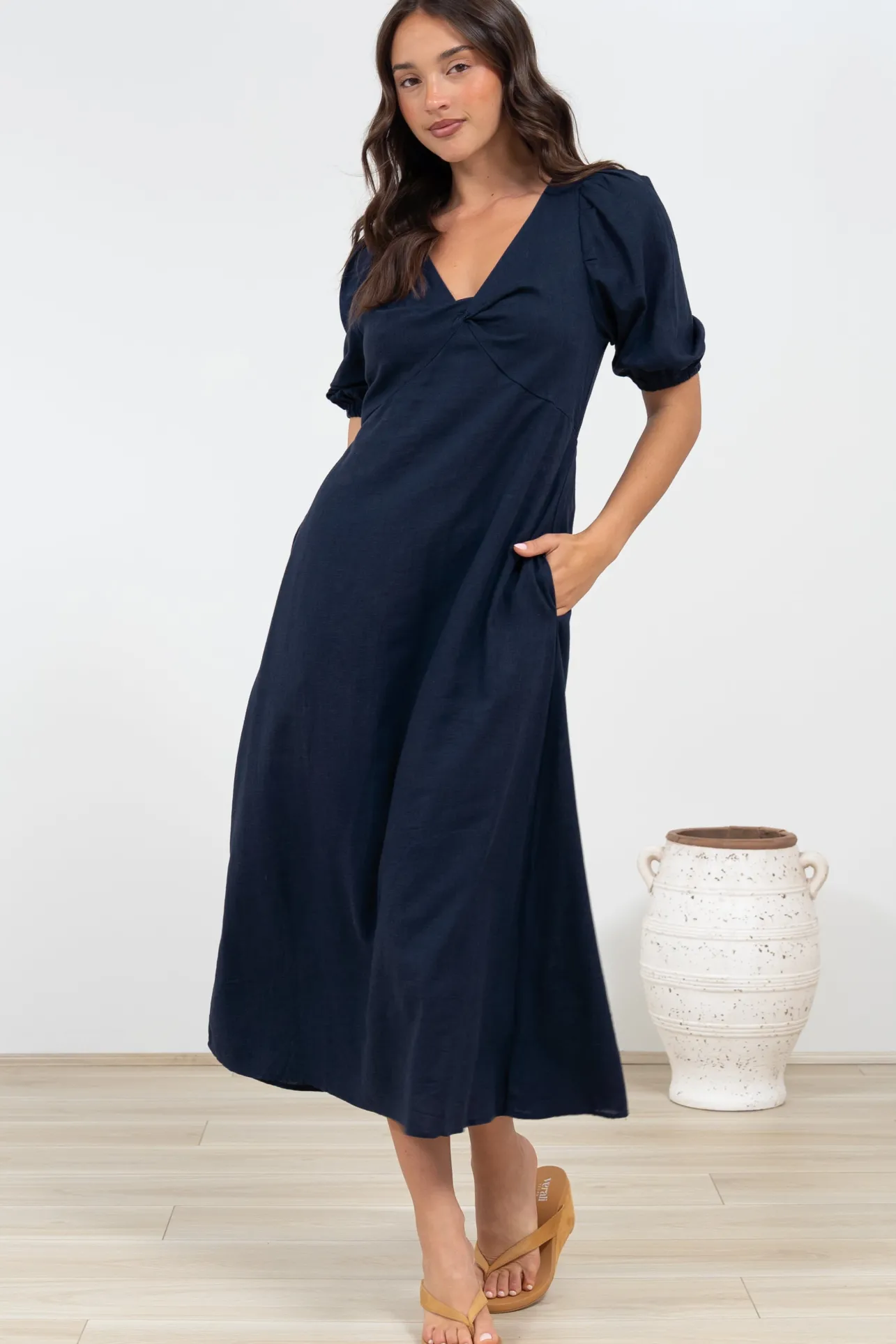 Brie Midi Dress - V-Neck Empire Line Dress with Pockets in Navy>Salty Crush Outlet