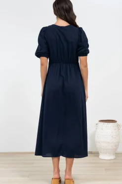 Brie Midi Dress - V-Neck Empire Line Dress with Pockets in Navy><noscript><img width=