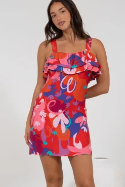 Brinley Mini Dress - Adjustable Strap Dress with Frill Layer Overlay on Bodice in Talina Print><noscript><img width=