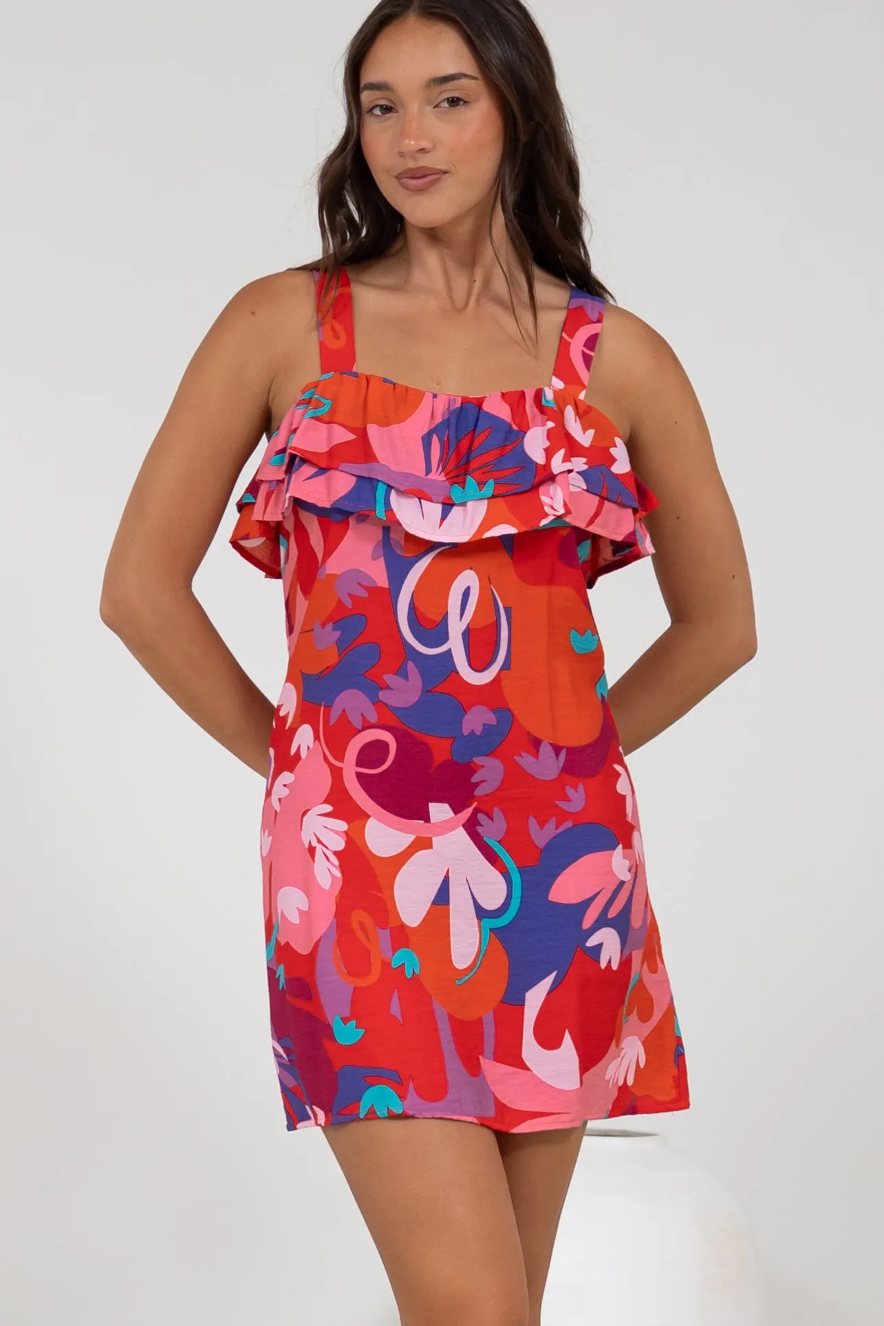 Brinley Mini Dress - Adjustable Strap Dress with Frill Layer Overlay on Bodice in Talina Print>Salty Crush Hot