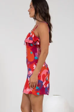 Brinley Mini Dress - Adjustable Strap Dress with Frill Layer Overlay on Bodice in Talina Print><noscript><img width=