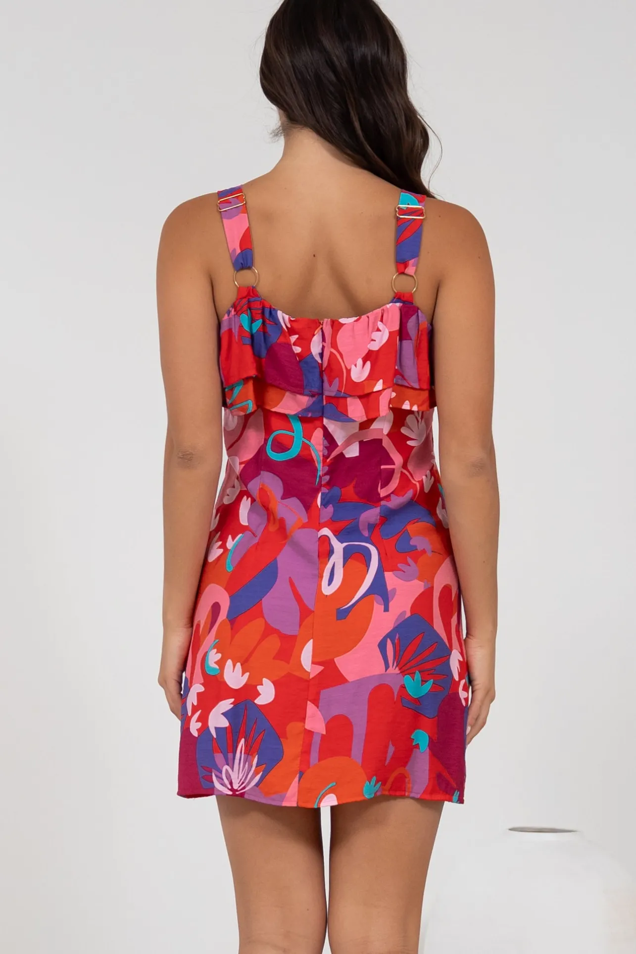 Brinley Mini Dress - Adjustable Strap Dress with Frill Layer Overlay on Bodice in Talina Print>Salty Crush Hot
