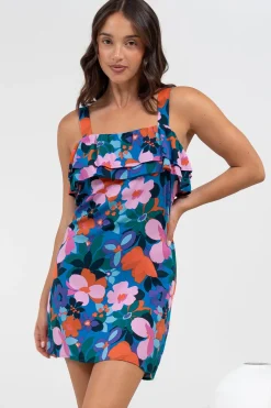 Brinley Mini Dress - Adjustable Strap Dress with Frill Layer Overlay on Bodice in Florabelle Print>Salty Crush Best